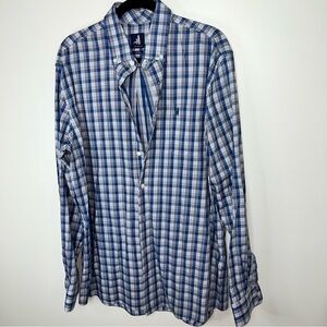 johnnie-O Blue Plaid Button-Down Shirt Surf Logo Santa Monica Men’s Size XL